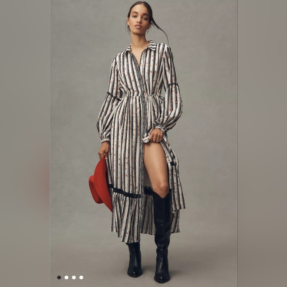 Anthropologie Striped Maxi Shirt Dress in White, Black & Red Accents